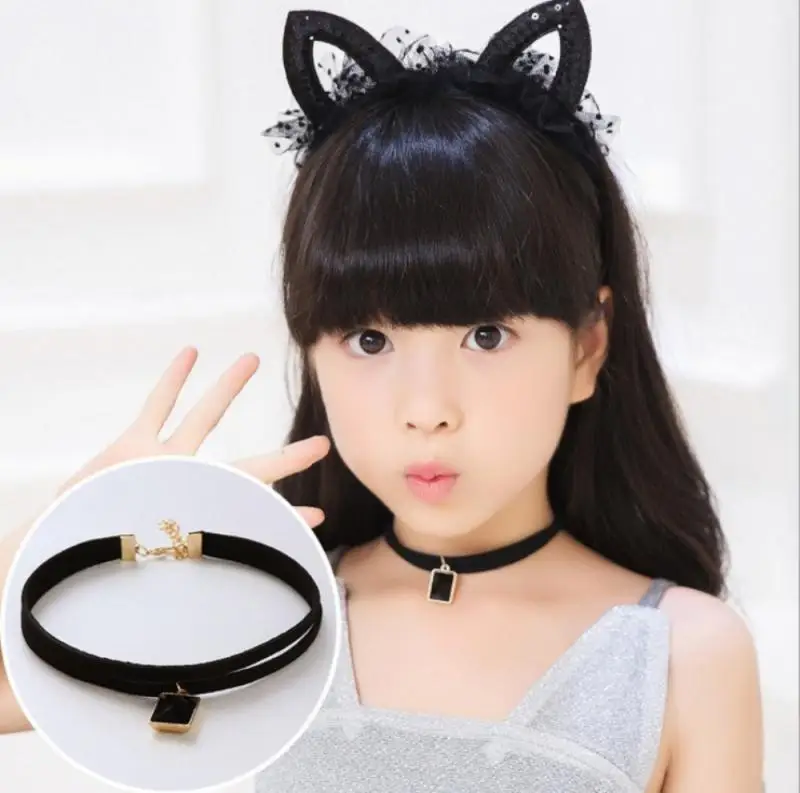 Children's Collar Double Love Fairy Princess Black Short Neck Necklace Exquisite Fashion Trend Cool Lace