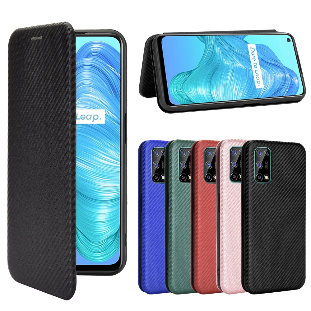 For Realme V5 Case Carbon Fiber Flip Leather Case For Realme V5 RMX2111 RMX2112 Business Magnetic Wallet Card Slot Slim Cover