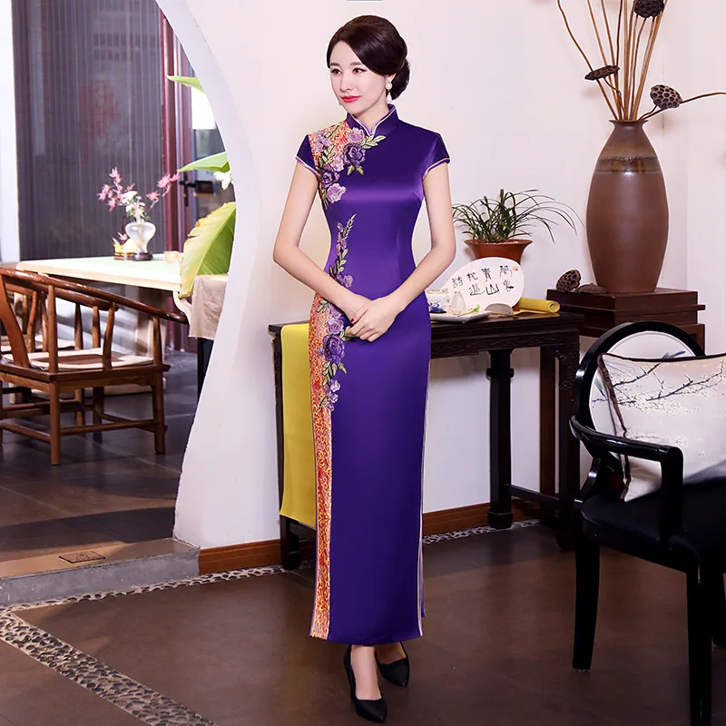 Novelty Women New Chinese Traditional Long Qipao Fashion Stage Show Social Etiquette Dress Vintage Classic Slim Cheongsam