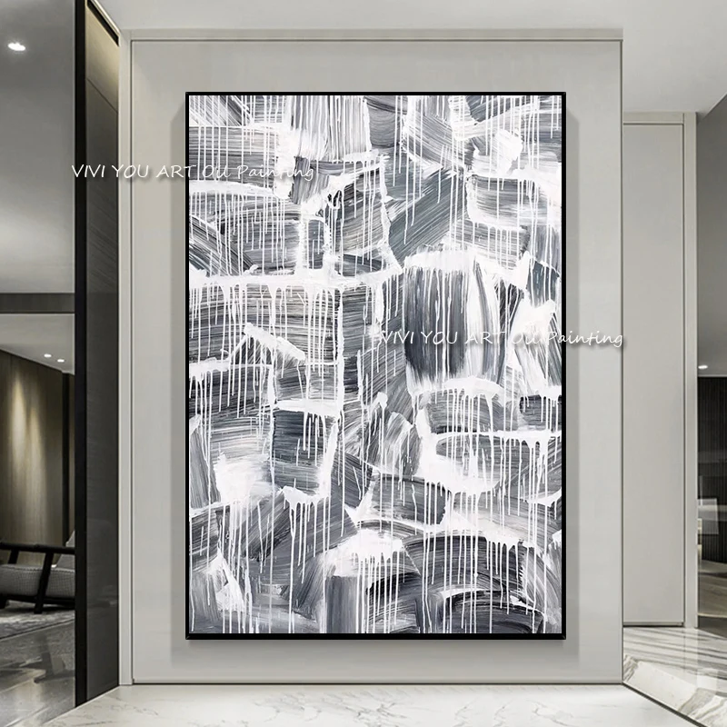 Original Handmade Textured Oil Canvas, Monochrome Grey White Flow Abstract Large Vertical Living Room Wall Art