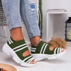 New Women Sandals 2024 High Heels Platform Women Shoes Summer Casual Female Sneakers Knitting Slip On Peep Toe Women Sandals