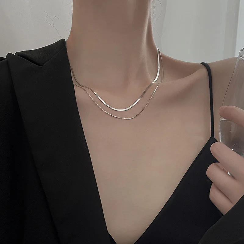 Temperament Women 925 Sterling Silver Snake Bone Necklace Double Layer Simple Choker  Clavicle Chain for Gift