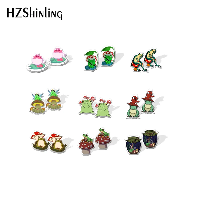 2021 New Mushroom Frog Stud Earring Funny Animal Acrylic Resin Earrings Epoxy Handmade Jewelry Gifts Girl