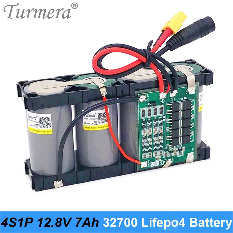 Turmera 32700 Lifepo4 Battery Pack 4S1P 12.8V 7Ah with 4S 40A Balanced BMS for Electric Boat and Uninterrupted Power Supply 12V