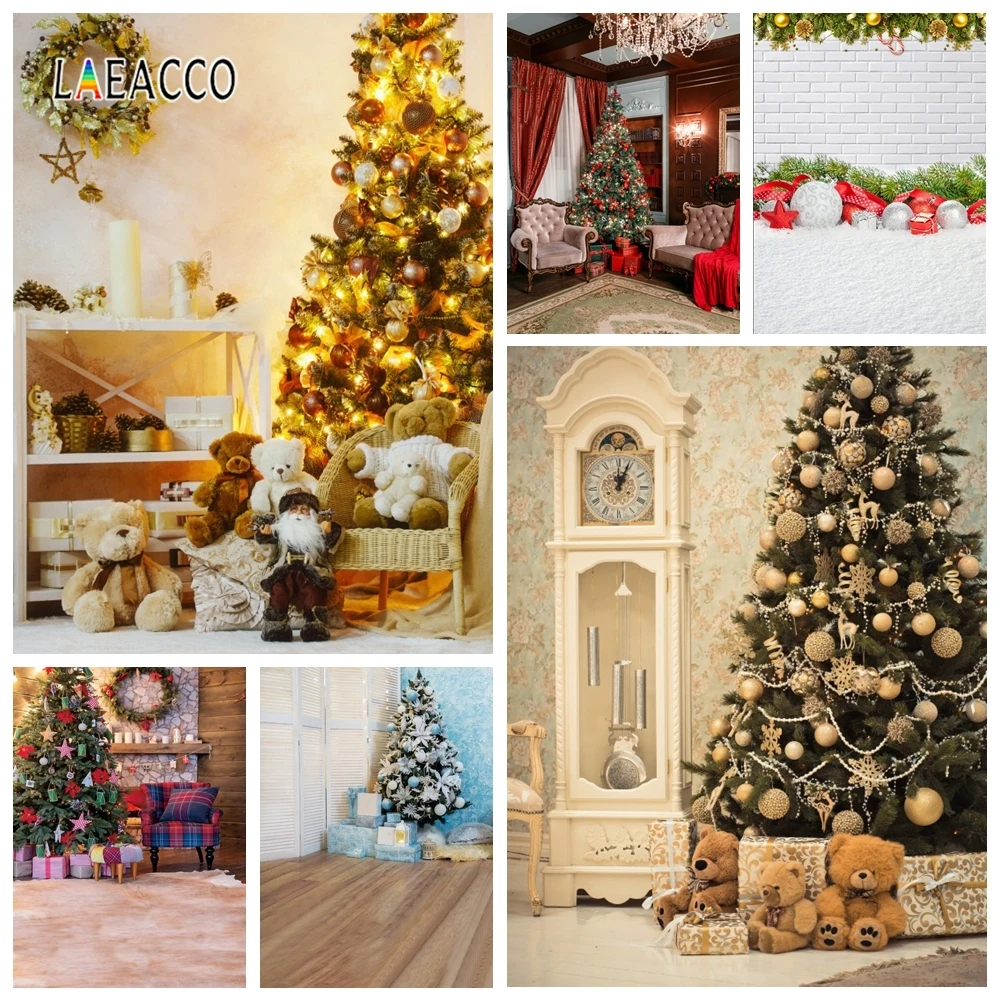 Sáng Bóng Cây Giáng Sinh Hình Phông Nền Vòng Hoa Quà Tặng Gấu Sàn Gỗ Chụp Ảnh Nền Phòng Nội Thất Trang Trí Nhà Photophone