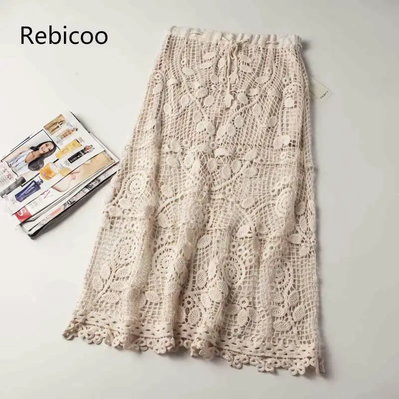 

New Ladies Elastic Waist Floral Embroidery Crochet Skirt With Lining Unique Knitted Lace Skirts Saias