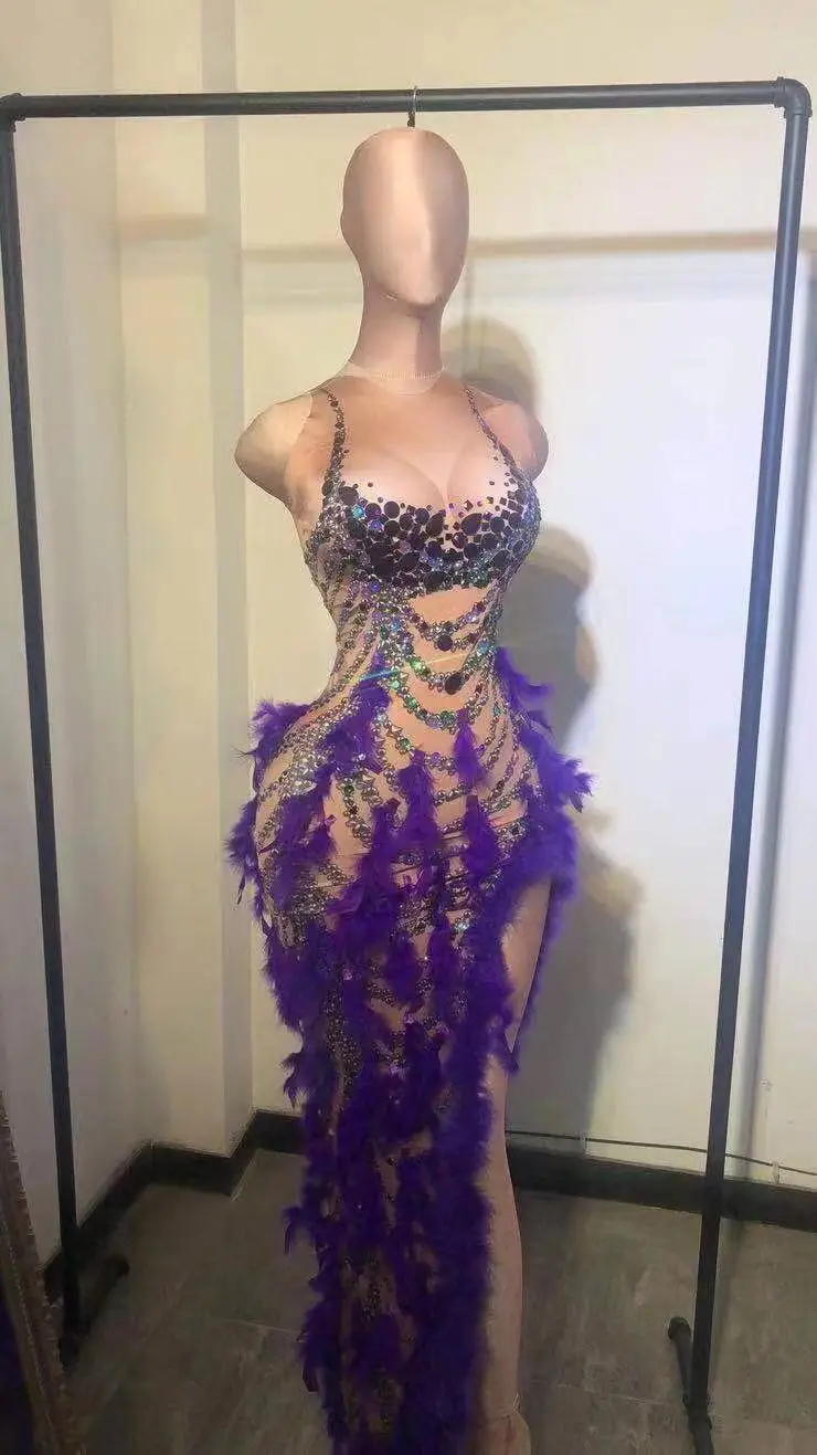 Purple bird feather dress sexy women stage show dresses DJ DS Nightclub bar women party costume