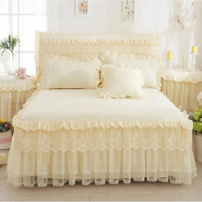 Korean Style Lace Princess Bedding Bed Skirt Pillowcases 100% Cotton Beige Bedspreads Bed Cover Solid Color Home Textile