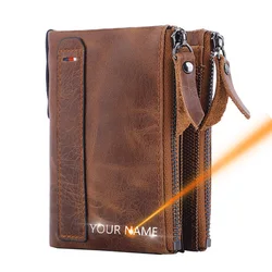 Name Customized Men Short Wallets High Quality Male Purse Card Holder New Double Zipper Men's Wallet Cartera