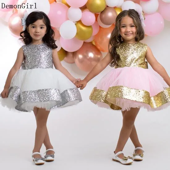 Trẻ Em Lấp Lánh Sequin Nổi Tiếng Áo Đính Hạt Cườm Nơ Voan Hoa Bé Gái Áo Sáng Bóng Kid Sinh Nhật Đầm Mới 2021