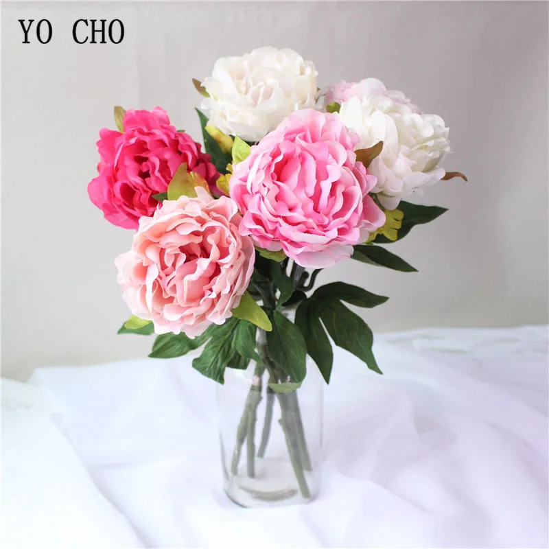 YO CHO – Bouquet de pivoines artificielles en soie, fausses fleurs, pour demoiselle d'honneur, rose, blanc, pour décoration de fête à domicile, pour Center de Table, à faire soi-même