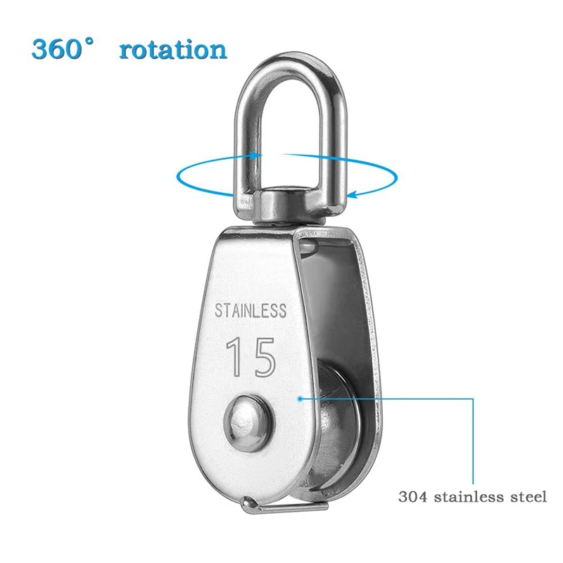 4PCS Single Pulley Block M15 Stainless Steel Small Pulley Roller For Rope Cord in Outdoor 360 Degrees Swivel Silver Pulley House