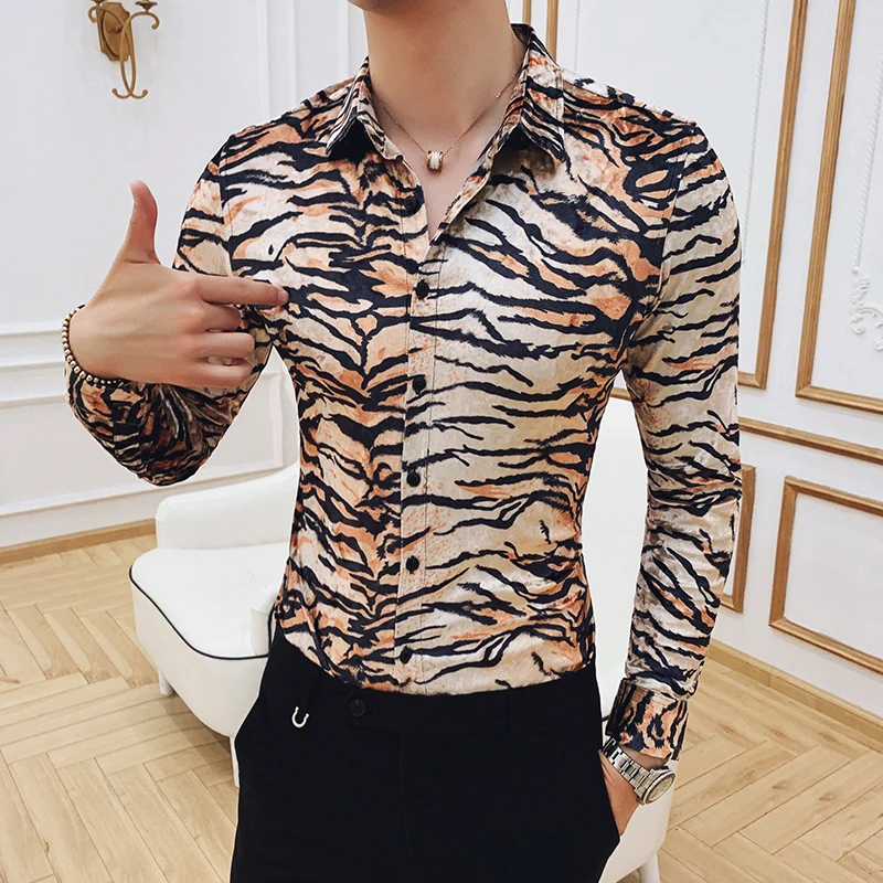 Keep Warm Velvet Personality Animal Print Long Sleeve Shirt Men Camisa Social Masculina Manga Longa Chemise Homme Manche Longue