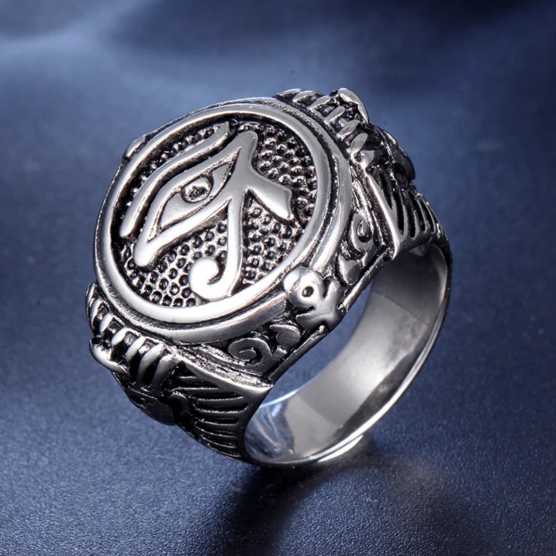 Vintage Ancient Egypt Eye of Horus Ring Stainless Steel Egyptian Pharaoh Statue Signet Ring Men Gothic Punk Rings Jewelry