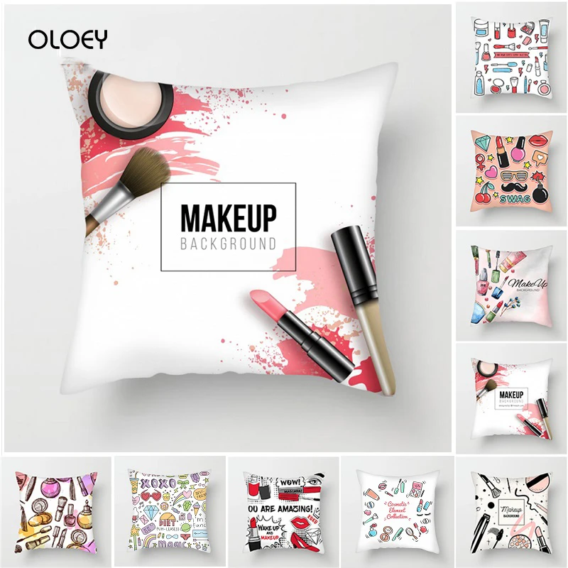 Hand painted makeup polyester cushion cover lipstick perfume bottle eye shadow cushion cover home bedroom hotel car decoration .