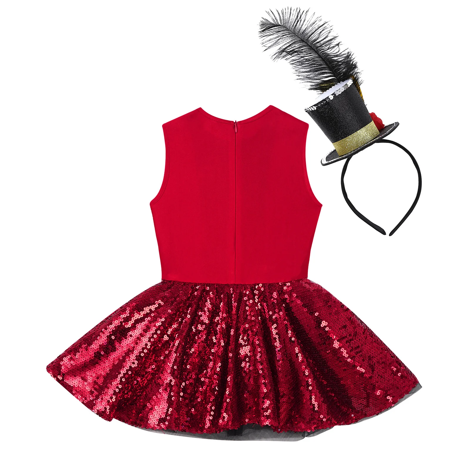 Bambini ragazze Showman Circus Ringmaster costumi Shiny paillettes body Dress e cappello di piume per Halloween Christmas Party Dress Up