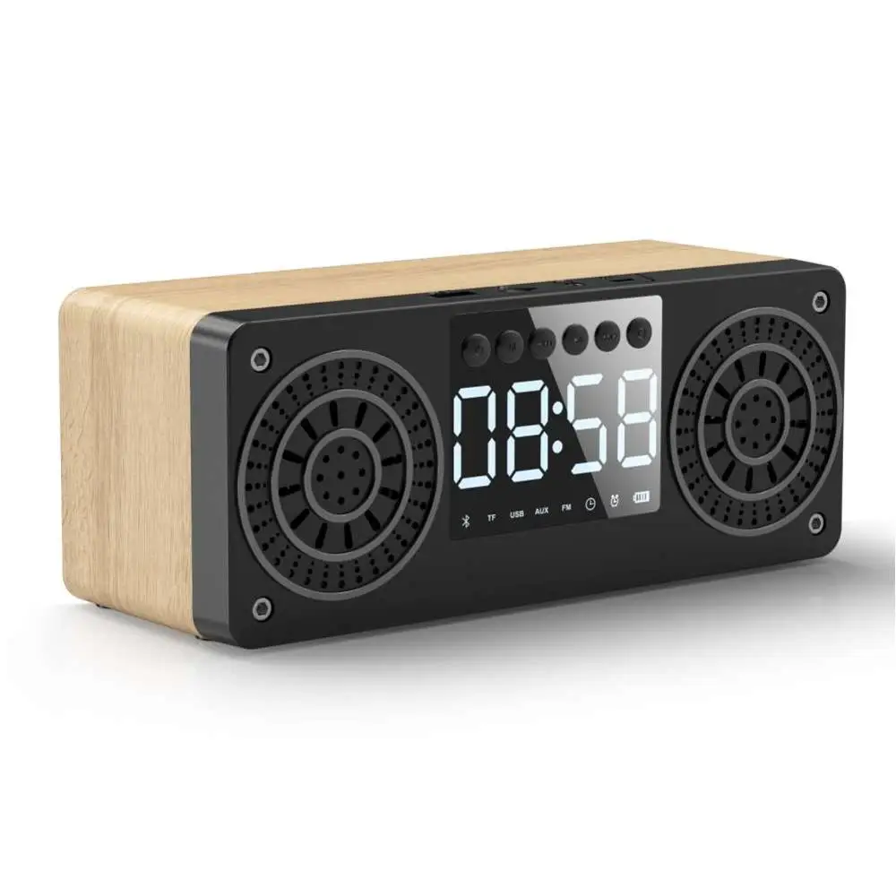 Głośnik Bluetooth bezprzewodowy głośnik w drewnianej obudowie LED stół cyfrowy zegar budzik biurkowy Tf Fm Radio muzyka przenośny Subwoofer głośnik