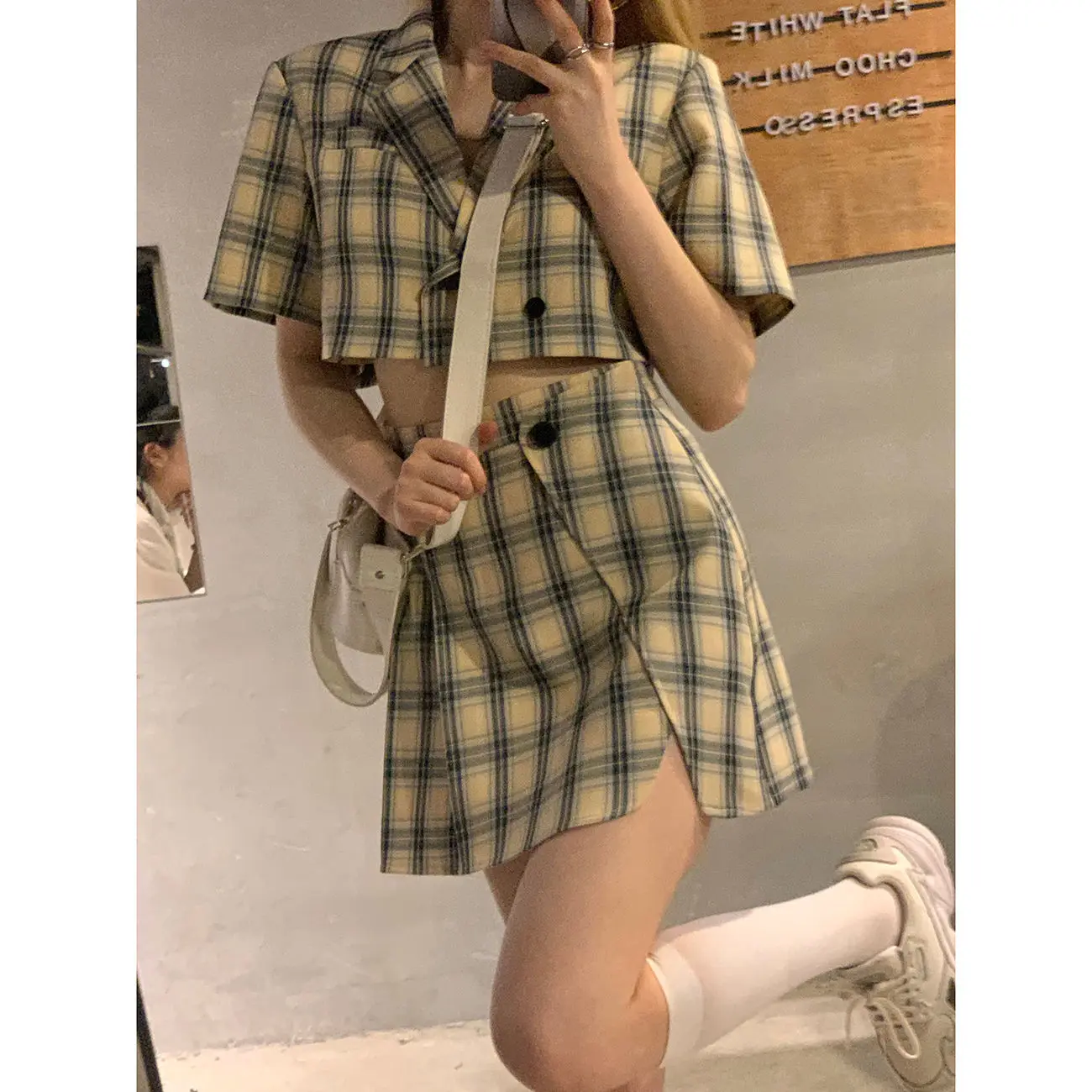 Matching Set Blazer And Skirts Women Preppy style Navel Exposed Short Short Sleeve Blazer Feminino Femme Summer Two Piece Set