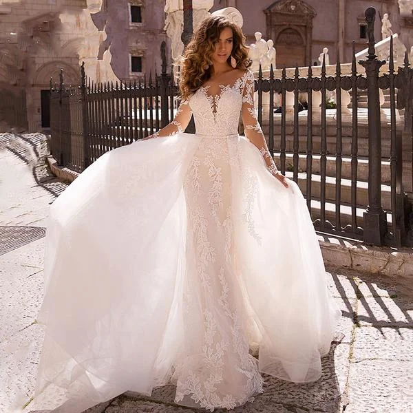 Abito da sposa a sirena a maniche lunghe con scollo a v 2023 abito da sposa con applicazioni in pizzo con scollo a v e abiti da sposa di lusso Boho staccabili