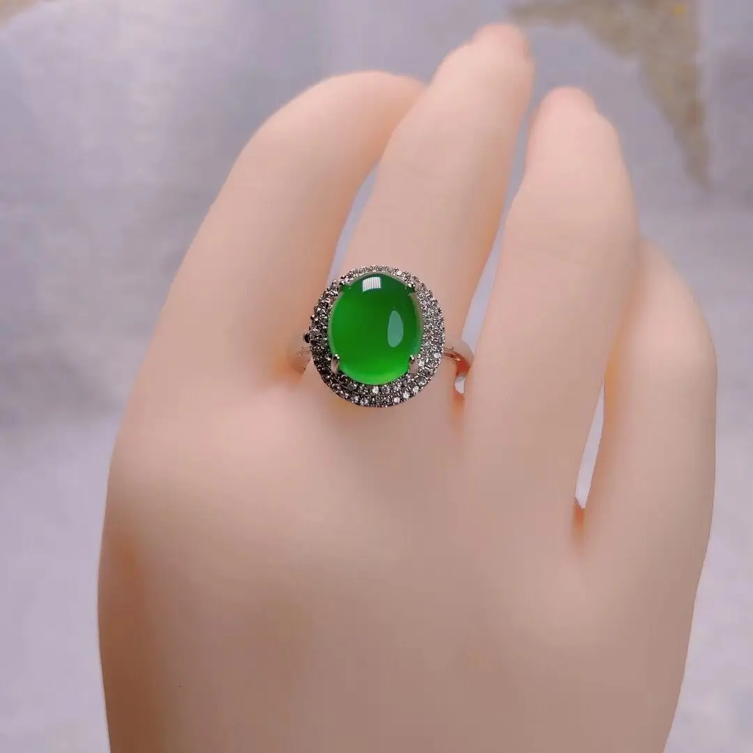 

925 silver inlaid high ice green chalcedony two-circle diamond female ring green agate female full diamond ring