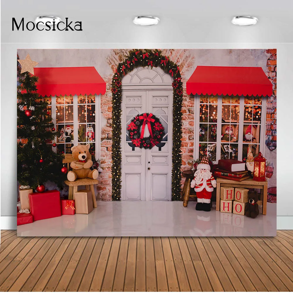 Merry Christmas Shop Store Phtoography ฉากหลังของเล่น Windows ทารกแรกเกิดเด็กหมีซานตาคลอสพื้นหลังสำหรับ Photo Studio Photocall