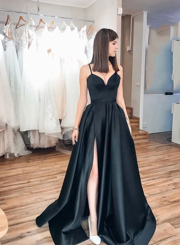 Weiyin Elegant Black Long Formal Evening Dresses Long Vestidos De Fiesta A-Line Sexy High Slit Satin Simple Prom Party Gowns