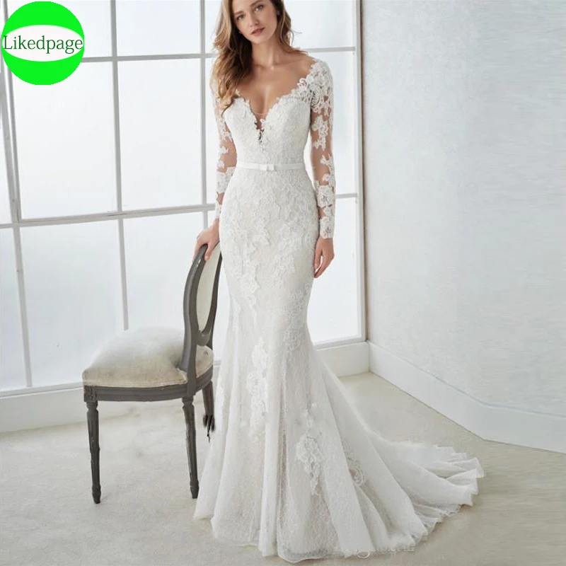 머메이드 웨딩 드레스, 2021Boho Vestidos De Novia 긴 소매 레이스 아플리케, 섹시한 가운, Mariage Boda 신부 가운, trouwjuk 버튼