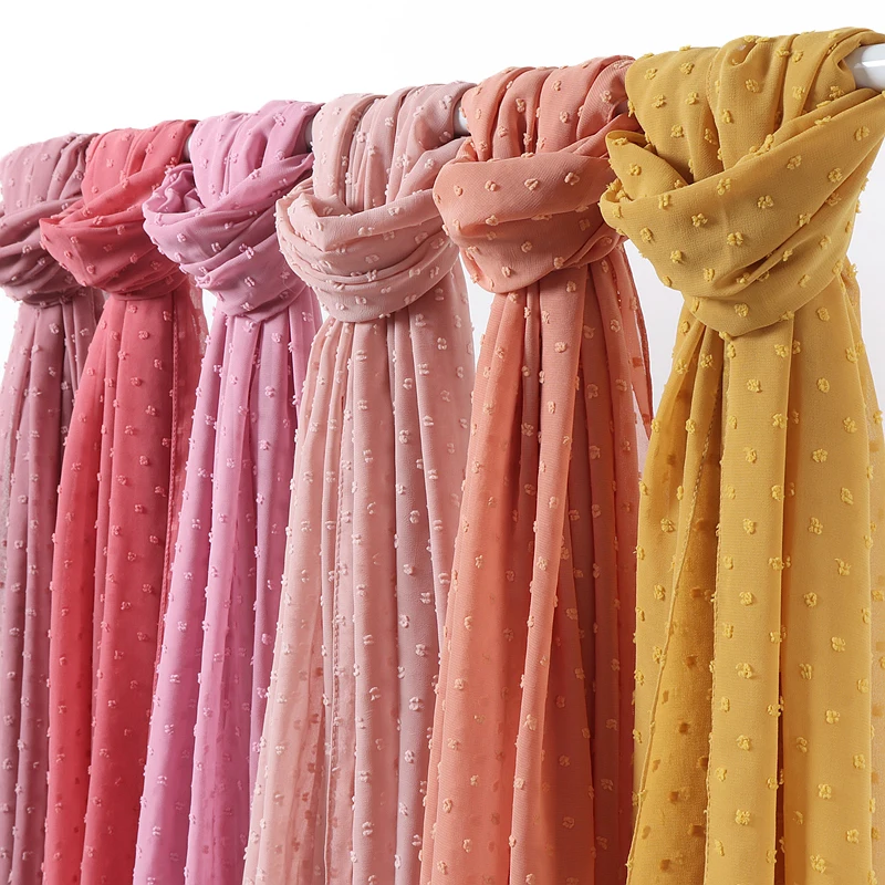 70*180cm Women PomPom Bubble Chiffon Long Shawl Wrap Muslim Headband Maxi Islamic Dots Plain Scarf Hijab