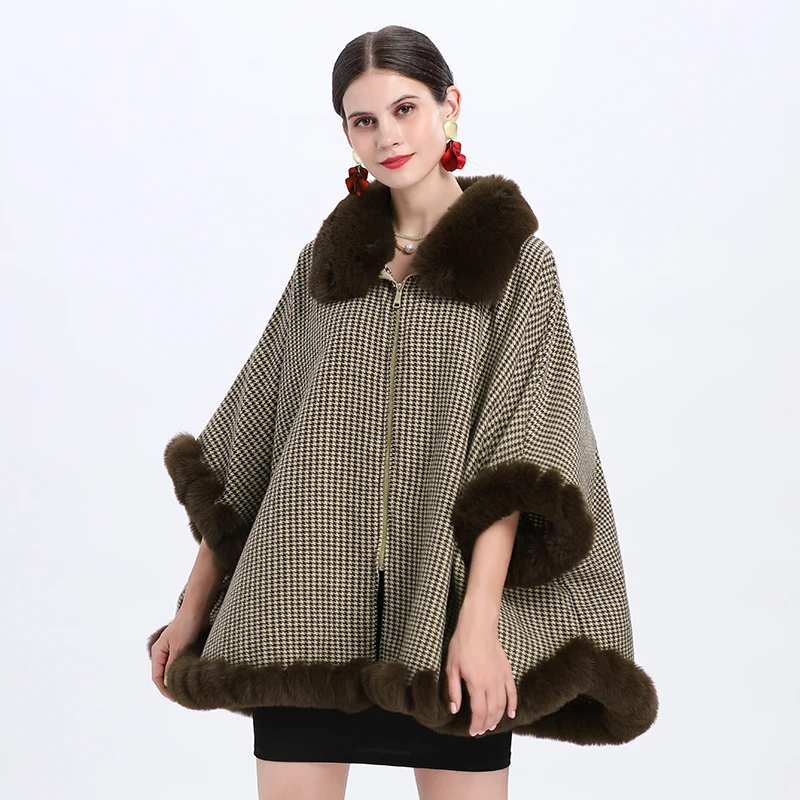 

Fashion Loose Knit Imitated Cashmere Coat Lapel Zipper Poncho Full Trim Faux Fur Cape Overcoat Women Fall Winter Cloak