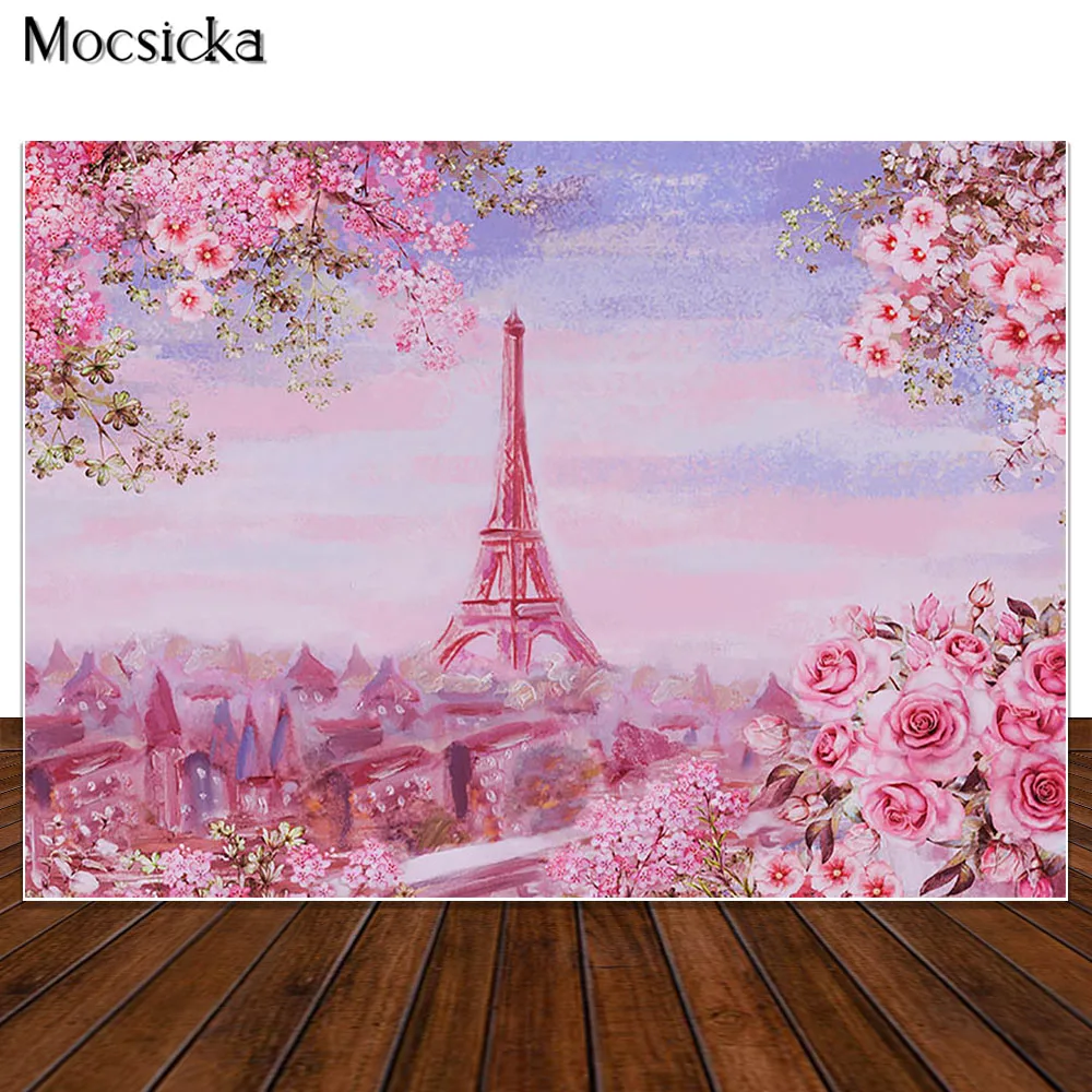 Pink Flowers Trees Eiffel Tower Background Photography Paris Photo Studio Props Banner Kids 1st Birthday Cake Smash Backdrops