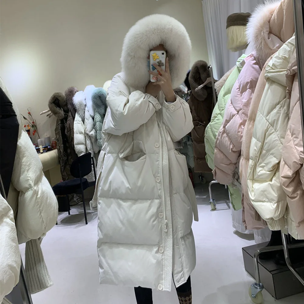 Long Down Jackets Real Fox Fur Women\'s  Winter Coat Female Luxury Thick 90% Duck Down Parkas Puffer Feather Outwear