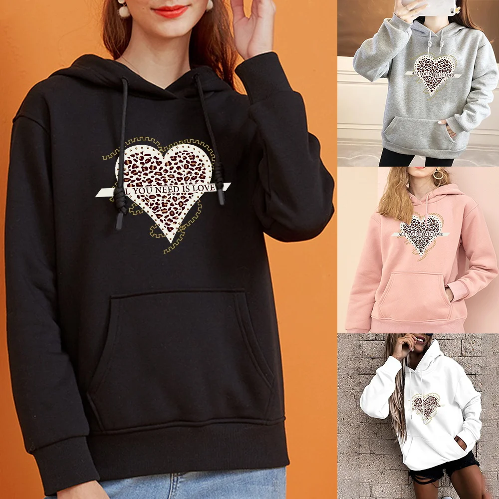 

Ladies Fashion Hoodie Leopard Print Love Heart Print Ladies Harajuku Oversized Pocket Pullover Girls Casual Streetwear