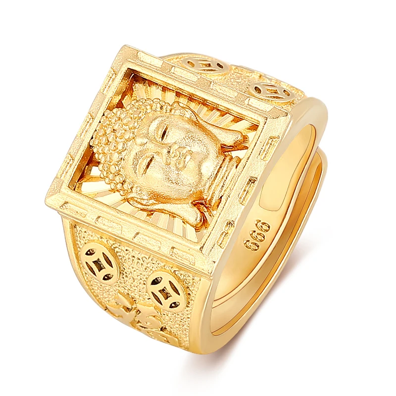 Men\'s Gold Color Ring Buddha Finger Ring Resizable Buddha Head Carved Ring Buddhist Jewelry