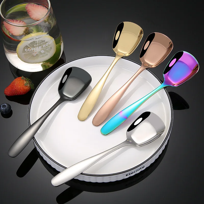 Stainless Steel Square Head Soup Spoon Teaspoons Home Tablespoons Ice Cream Shovel Table Service Kitchen Utensils