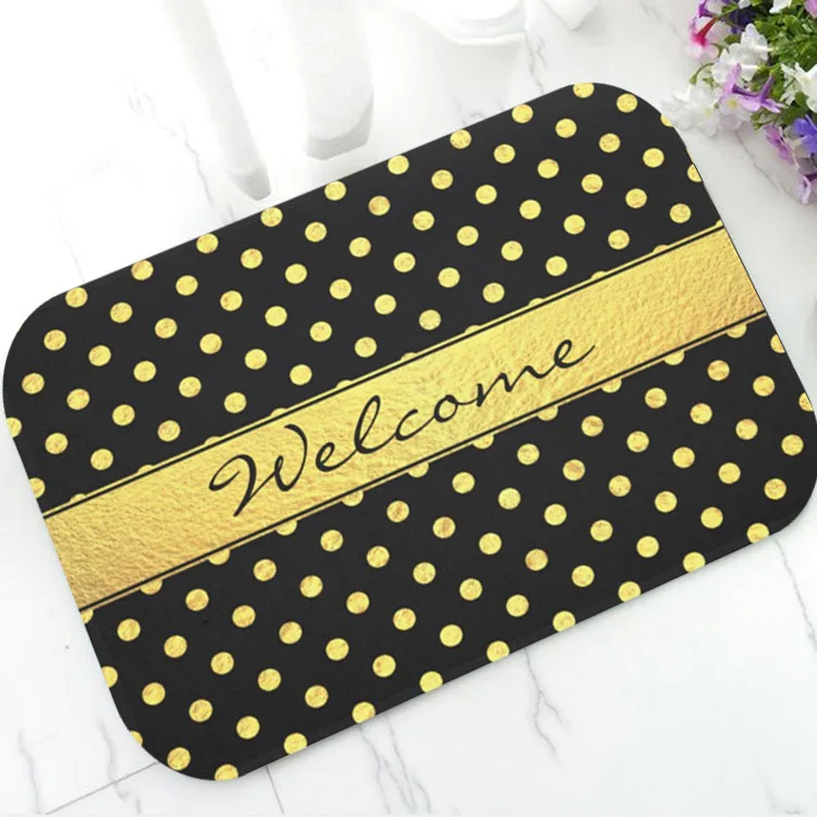 Elegant Chic Black Faux Gold Polka Dots Door Mat for Bathroom Kitchen Non Slip Glitter Sparkles Chevrons Floor Rug Carpet Decor