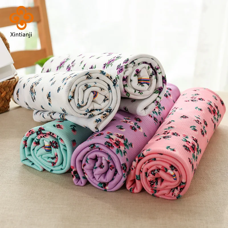 0.5/1/2 Meters Stretch Jersey Rib Elastic Knit Fabric Floral Print DIY Sewing Fabrics For Clothes Kids Little Girl Dress