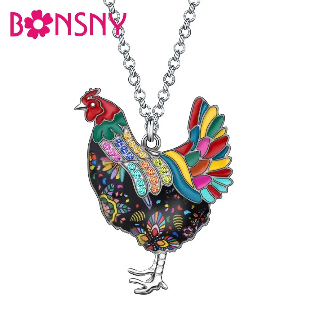 Bonsny Enamel Alloy Rhinestone Chicken Hen Necklace Pendant Chain Crystal Jewelry For Women Girl Charm Decoration Gift Accessory