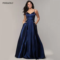 Customized Vestido De Festa Navy Blue Long Prom Dresses Sexy V Neck Green Satin Evening Party Gown A-line платье вечернее