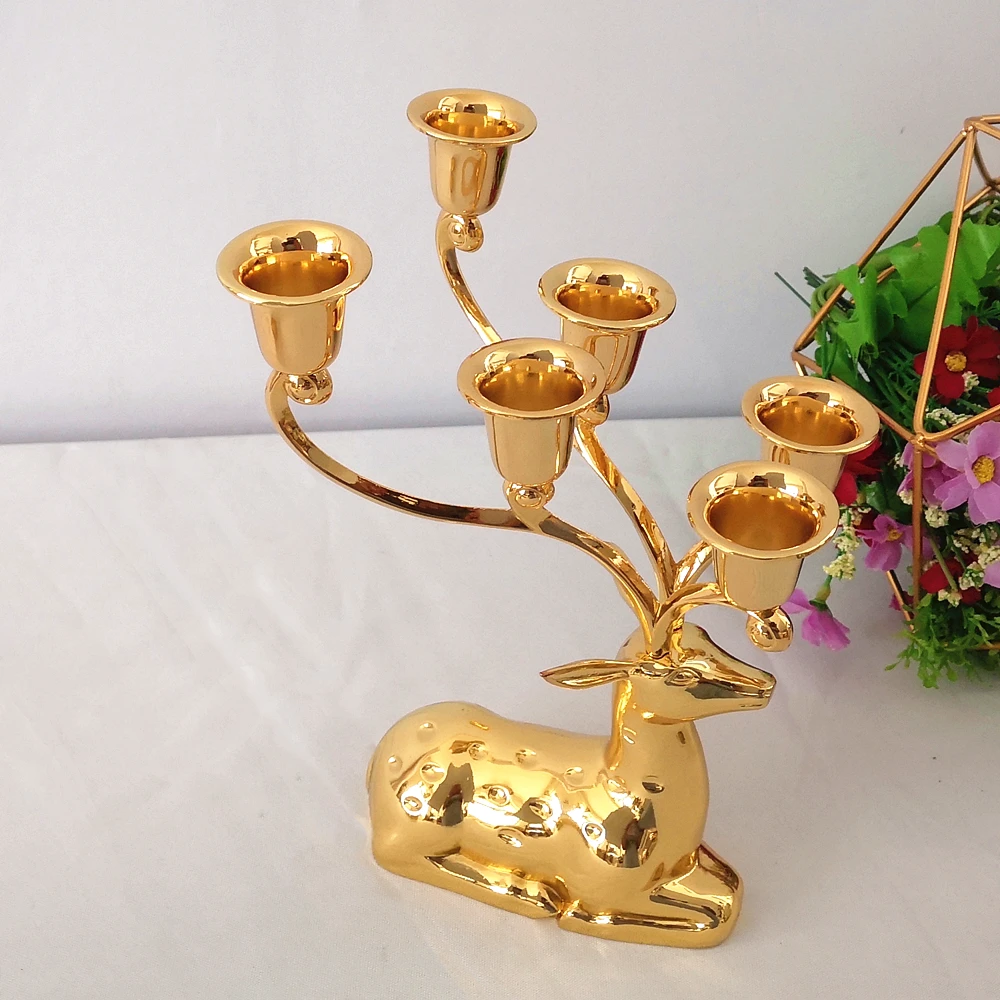 IMUWEN Plated Candle holders Metal Luxury Reindeer Shape candle Stand 6-Arms Decorative Candle Stick Zinc Alloy Candle Stand