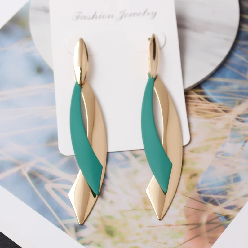 European Statement Geometric Leaf Drop Earrings For Women Long Brincos Party Jewelry Smooth Green Red Color Christmas Gift