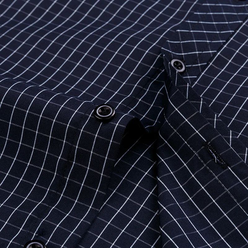 Camisa de vestir clásica de corte estándar a cuadros/rayas para oficina Social para hombre, camisas básicas formales de manga larga con un solo bolsillo tipo parche