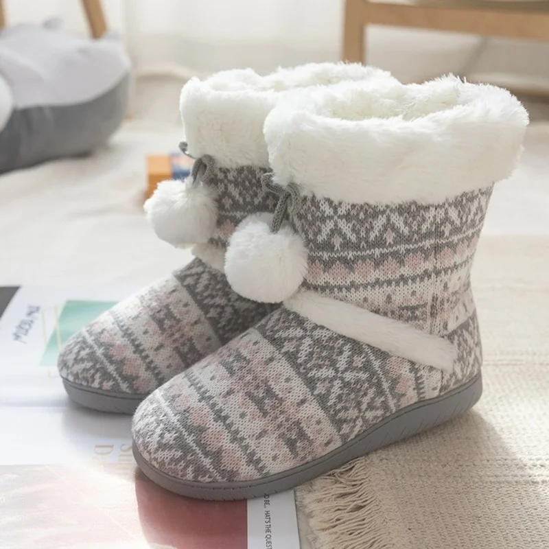 comemore Winter Home Cotton Warm Boots Soft Bottom Non-slip Female Furry Cloud Slipper Women's Home Slipper Flat Shoes for Women