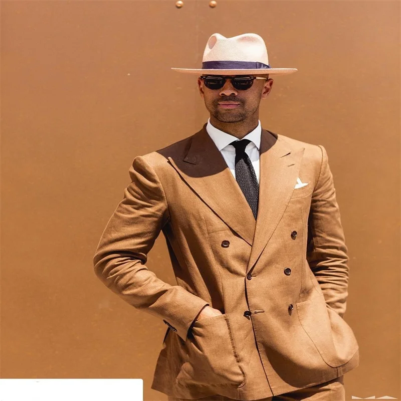 Plus Size Light Brown Handsome Cotton Blend 2 Piece Slim Fit Double Breasted Formal Loose Leisure Suit Peak Lapel  Suits