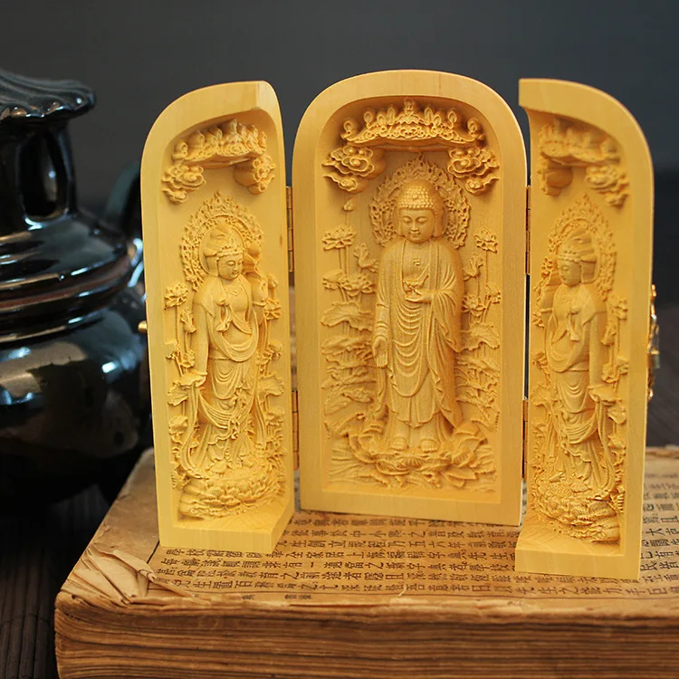 Factory wholesale boxwood carved Buddha Western Saha San Sheng three open boxes of wood crafts ornaments handmade creative gifts