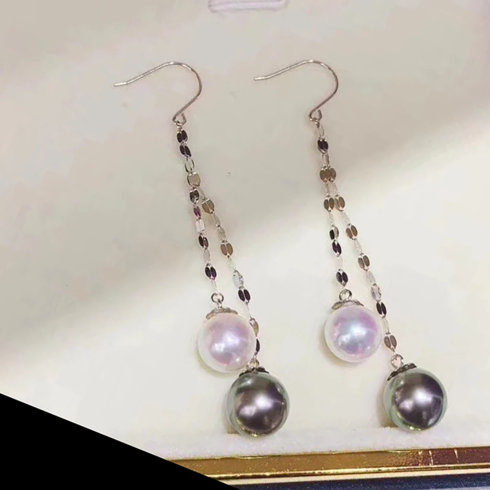 

MADALENA SARARA 7-7.5mm AA Saltwater Akoya Pearl9mm Tahiti Black Pearl 18K Women Earrings Au750 Women Drop Line Earrings