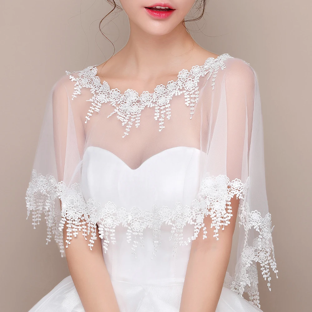 Mulheres marfim borla casamento nupcial capa o pescoço tamanho livre elegante sheer tule formal capa borda do laço baile de formatura xale acessório