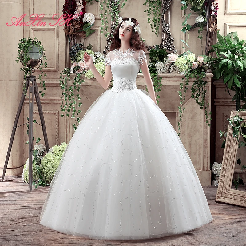 AnXin SH princess Double-shoulder flower white vintage o neck beading crystal party ball gown lace up customized wedding dress