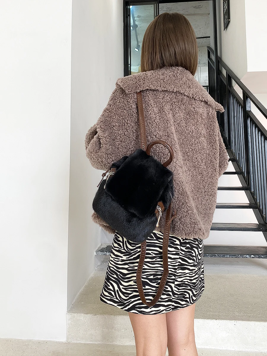 ZDFURS*mported Mink Hair Backpack Cute and Compact Fashion Japan South Korea Solid Color Casual Real Fur Mink Leather Fur Bag