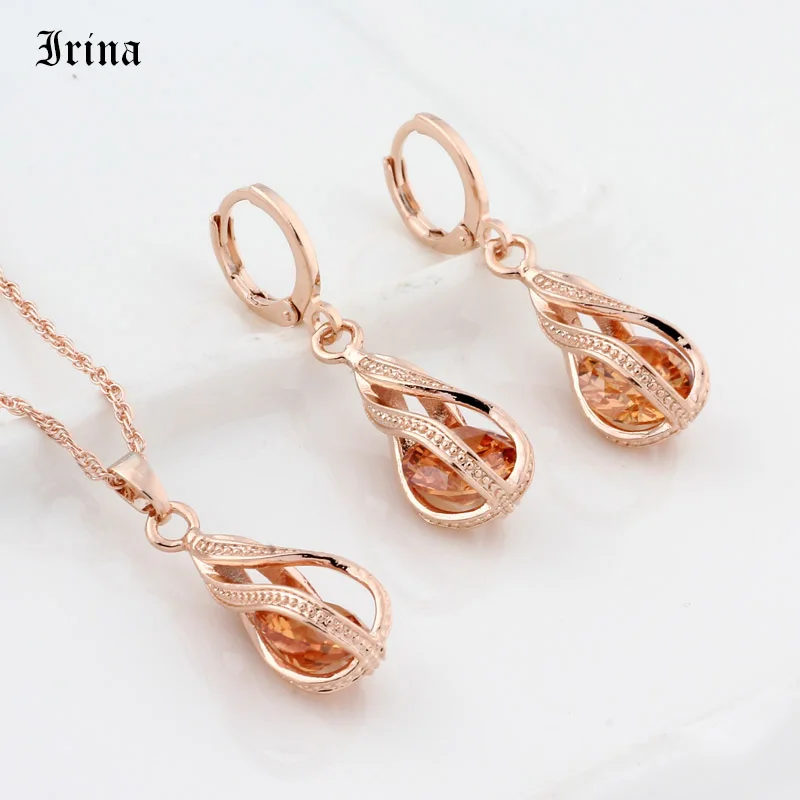 New Gift Trendy Rose Gold Color Long Earrings Set For Women Wedding Hollow Irregular Cubic Zircon Jewelry Sets