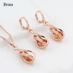 New Gift Trendy Rose Gold Color Long Earrings Set For Women Wedding Hollow Irregular Cubic Zircon Jewelry Sets